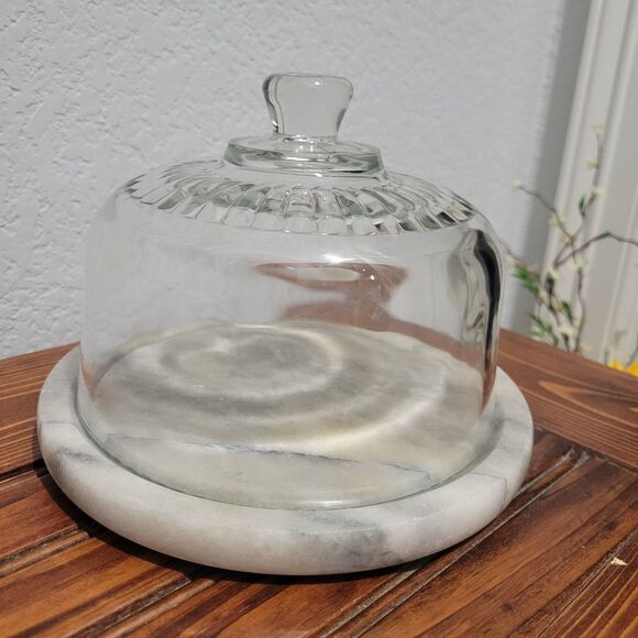 Vintage Marble White & Gray Cheese Cloche Glass Dome Lid 7.5 x 5.5" MCM Dessert - Picture 3 of 10